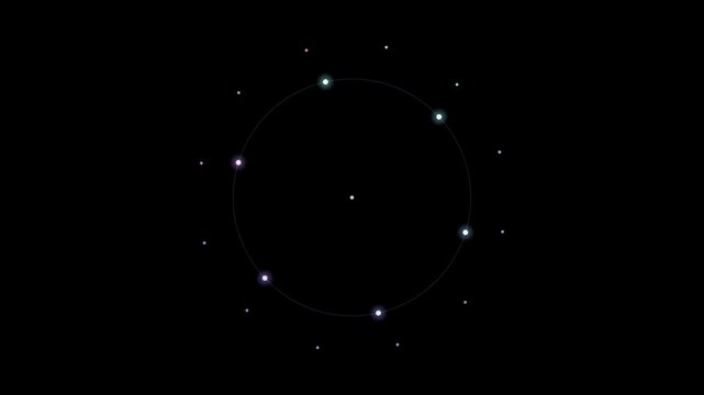 Abstract animated targeting reticle with dots drawn as blue and cyan glowing lines and dots on a deep dark background. Clean minimal motion graphics element with free space around it, ideal for title 