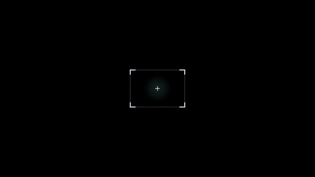 Abstract animated targeting reticle with a lock-on drawn as cool blue-white glowing lines and dots on a deep dark background. Clean minimal motion graphics element with free space around it, ideal for