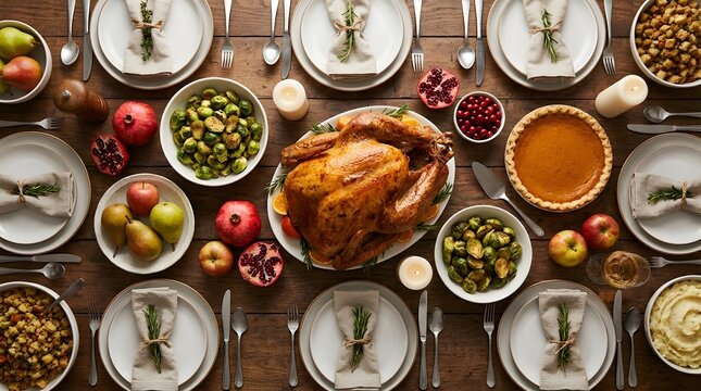 A top view of a traditional roasted turkey dinner served on a rustic wooden table for a festive thanksgiving day celebration