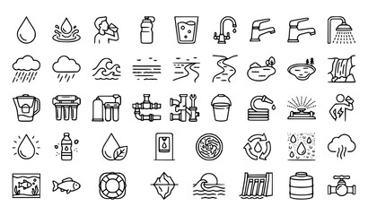 Fototapeta premium Water Line Icons Set – Drinking Water, Filter, Waves and Aqua Thin Outline Vector Collection