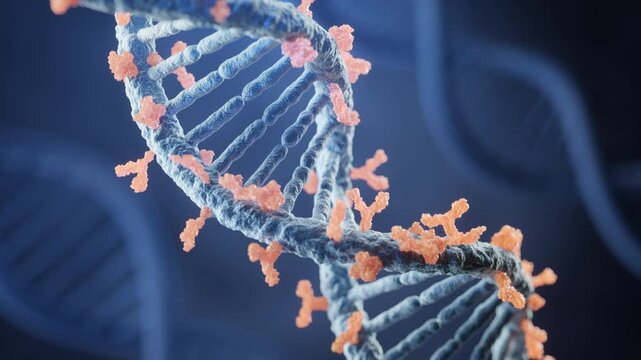 DNA structure and viral infection. Blue background. 3d animation.