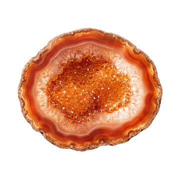 Carnelian orange agate druzy geode slice with translucent amber crystals, isolated on transparent background