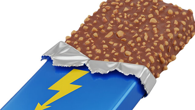 Chocolate nut bar in blue wrapper isolated on transparent background