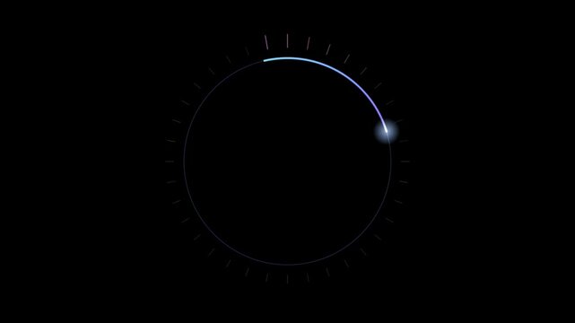 Abstract animated ring element with a sweeping motion drawn as blue and cyan glowing lines and dots on a deep dark background. Clean minimal motion graphics element with free space around it, ideal fo