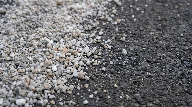 A close-up of ice melt or deicer a blend of sodium chloride and magnesium chloride spread on a road surface applied in advance of snow and ice to ensure winter driving safety. deicer close up of ice