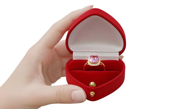 Hand holding red velvet heart box with ring isolated on transparent