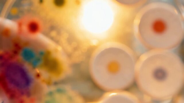 Scientist holding petri dish with bacteria cultures. Microbiologist examining colorful microbial growth in laboratory for medical research and biology analysis.