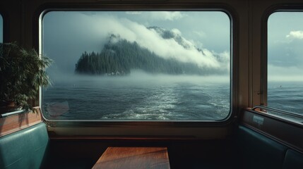 Fototapeta premium Interior view of a vessel's window framing a misty island landscape, waves rolling, and subtle plant life