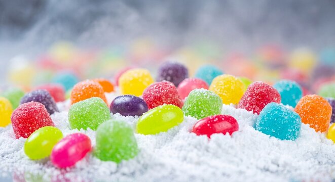 Colorful assorted jelly candies and sugared gumdrops scattered on white powdered sugar with misty smoke