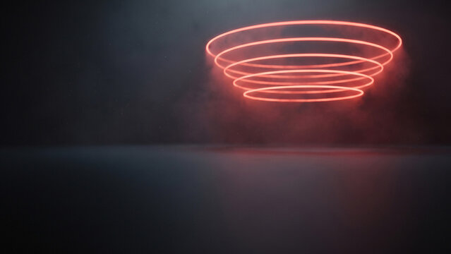 赤く光る同心の輪が円錐状に浮かぶ霧に満ちた暗い空間