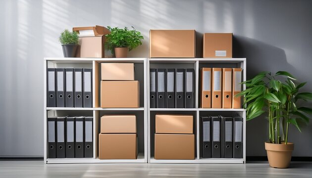shelves with boxes folders and green plant