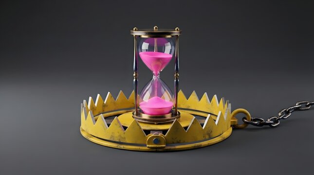 Hourglass with pink sand inside a sharp yellow bear trap symbolising time management and deadline