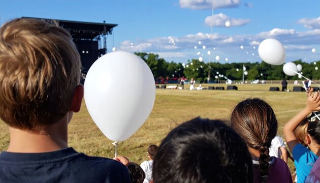 Children Releasing White Balloons at Outdoor Concert Event with Stage in Background