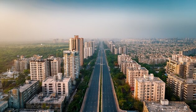 empty gurgaon roads aerial view of urban streetscape
