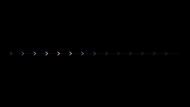 Abstract animated divider rule line with chevrons drawn as cool blue-white glowing lines and dots on a deep dark background. Clean minimal motion graphics element with free space around it, ideal for 