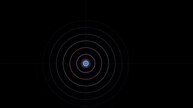 Abstract animated ripple rings drawn as blue and cyan glowing lines and dots on a deep dark background. Clean minimal motion graphics element with free space around it, ideal for title sequences, user