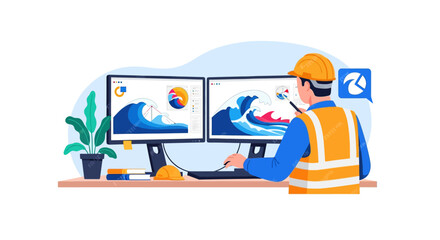Obraz premium Coastal engineer utilizing advanced wave simulation technology for environmental analysis and future planning