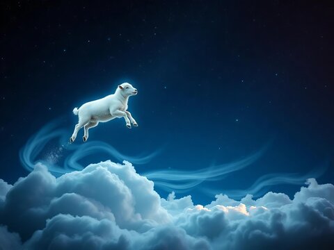Luminous sheep jumping over wispy clouds under a star-filled night sky, surrounded by twinkling stars, rural, celestial