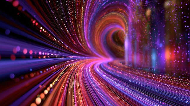 Abstract glowing tunnel of light streaks and particles in vibrant purple and orange hues, motion blur effect