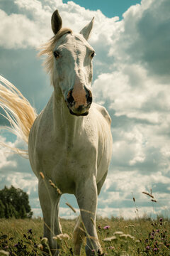 White horse walking through a summer meadow beneath dramatic cumulus clouds