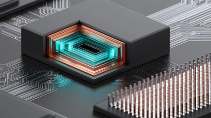 Fototapeta premium Semiconductor microchip processor with glowing internal circuitry on electronic motherboard