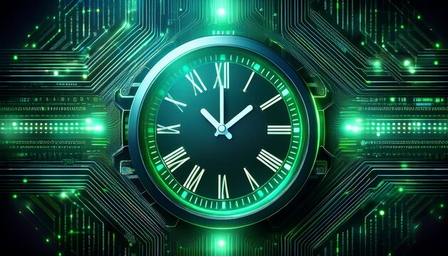 glowing digital clock face with green binary code and circuit board background