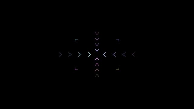 Abstract animated scanning arrows drawn as cool blue-white glowing lines and dots on a deep dark background. Clean minimal motion graphics element with free space around it, ideal for title sequences,