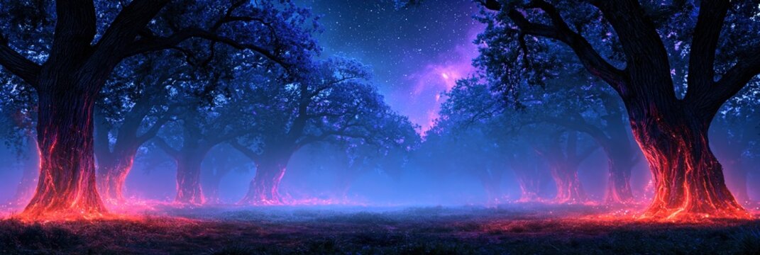 Enchanted Forest at Night with Glowing Roots and Starry Sky