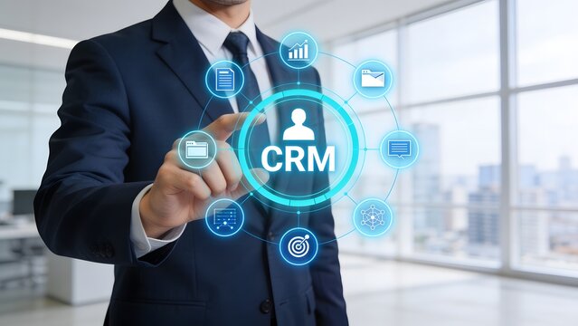 Businessman interacting with digital crm customer relationship management system dashboard.