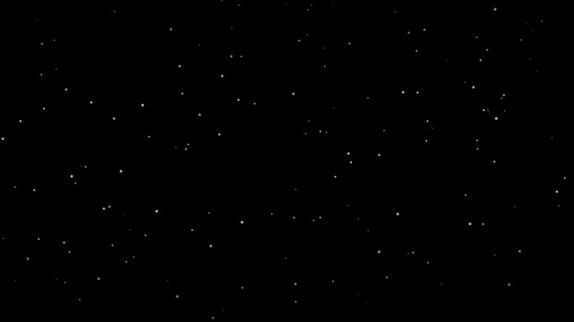 Abstract animated drifting snow particles drawn as cool blue-white glowing lines and dots on a deep dark background. Clean minimal motion graphics element with free space around it, ideal for title se