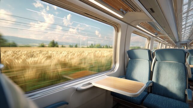 Interior view of a passenger train with blue seats, wood tables, and a blurred landscape seen through the window