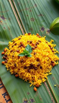 Golden-hued rice and lentils on a banana leaf, rustic, cuisine