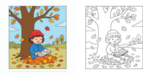 Cute Girl Reading Book Under Autumn Tree Vector Illustration with Coloring Page Line Art for Kids Activity