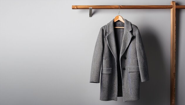 stylish grey overcoat hanging on wooden hanger against soft grey background