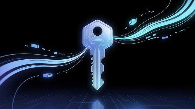Digital cybersecurity key representing secure access encryption and data protection technology