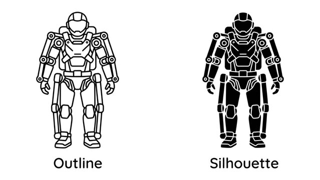 Futuristic Exoskeleton: A detailed outline and solid silhouette of a powerful, advanced exoskeleton suit, hinting at future technology and human augmentation.