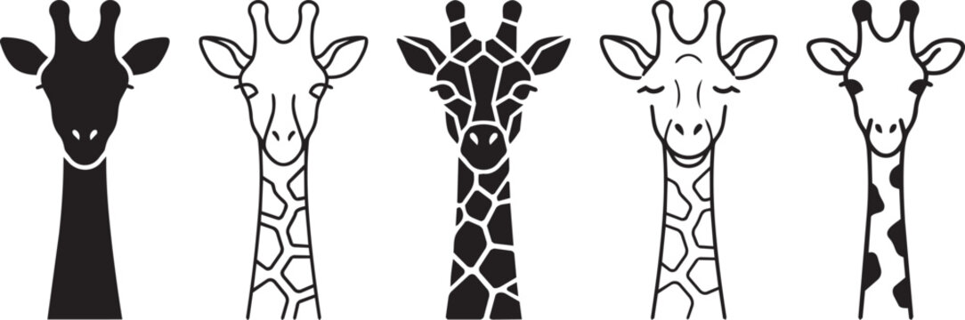 Five smiling giraffes with different facial expressions