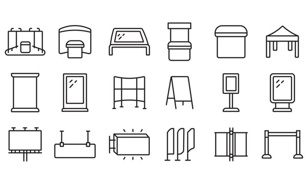 Exhibition stand line icons set, 18 trade show display vector elements, outdoor advertising billboard and promotional booth equipment for marketing events