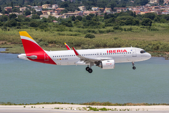 Iberia Airbus A320neo airplane at Corfu airport in Greece