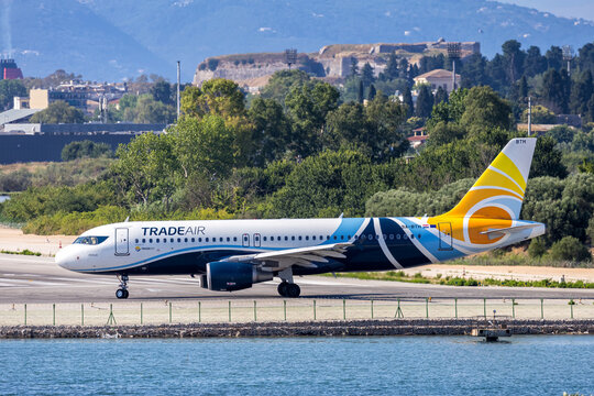 Trade Air Airbus A320 airplane at Corfu airport in Greece