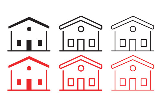 Minimalist house icon set, black and red residential building line art, 6 vector home symbols for real estate and construction website interface