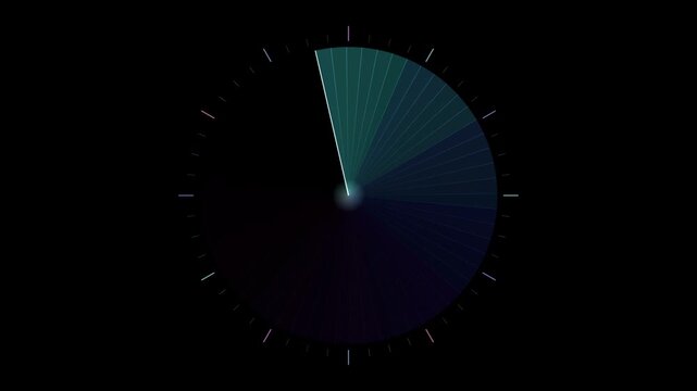 Abstract animated sweep transition with a rotating disc drawn as cyan and teal glowing lines and dots on a deep dark background. Clean minimal motion graphics element with free space around it, ideal 