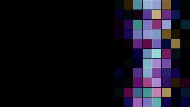 Abstract animated sweep transition with blocks drawn as violet and blue glowing lines and dots on a deep dark background. Clean minimal motion graphics element with free space around it, ideal for tit