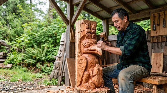 Indigenous artisan carving a traditional wooden totem pole. Man using a mallet and chisel to sculpt a bird and frog figure under an outdoor shelter
