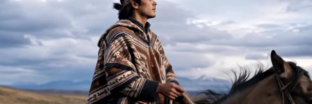 Mapuche man riding a horse across Patagonia, website banner with copy space for text
