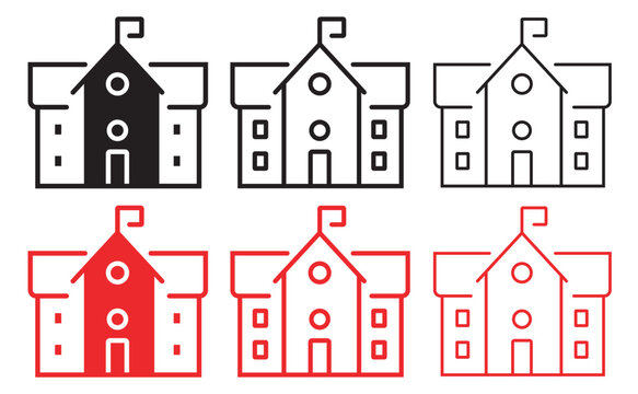 Minimalist school building icons set, 6 linear education facility vector symbols, black and red university campus outline illustrations for web design