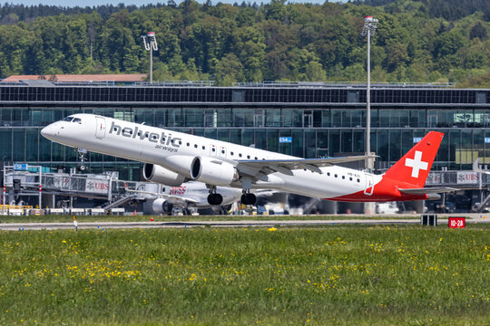 Helvetic Airways Embraer 195 E2 airplane at Zurich airport in Switzerland