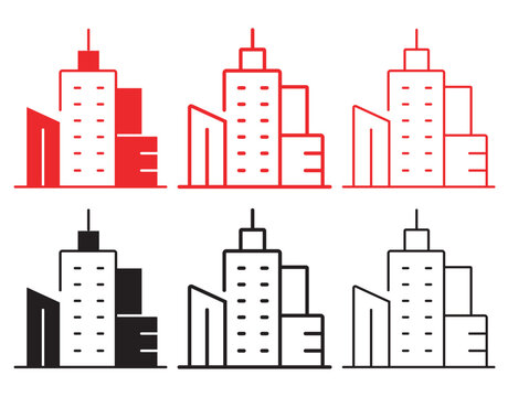 Minimalist skyscraper icon set, modern city building line art vector, red and black urban architecture symbols for business branding and web design