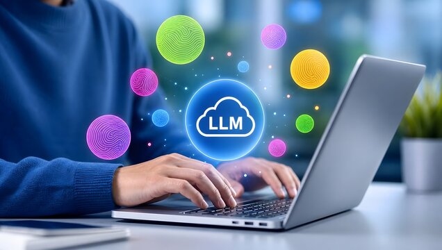 Person typing on laptop with large language model cloud icon and colorful fingerprint floating data spheres.