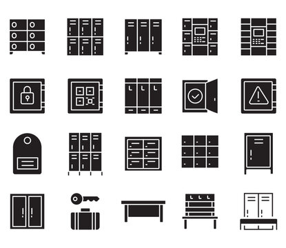 Modern locker and storage icons set, 20 black solid glyph vector elements for security and organization, school and gym locker room symbols